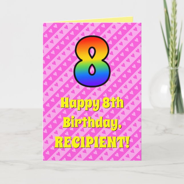 Carte 8e anniversaire : Pink Stripes & Hearts, Rainbow # (Devant)