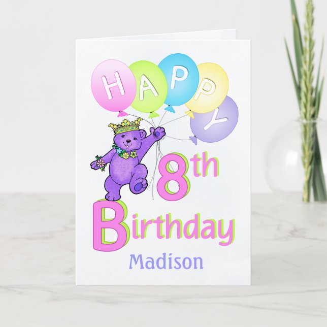 Carte 8e anniversaire Princesse Bear, Nom personnalisé (Devant)