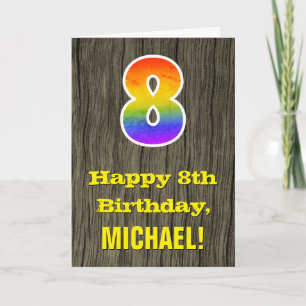 Carte 8e anniversaire : Rustic Faux Wood Look, Rainbow "