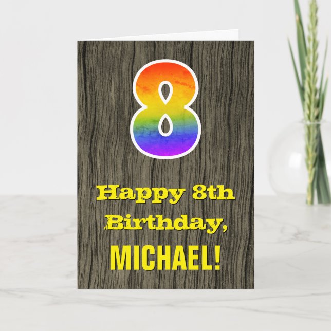 Carte 8e anniversaire : Rustic Faux Wood Look, Rainbow " (Devant)