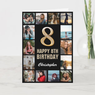 Carte 8e Joyeux anniversaire noir et or photo Collage