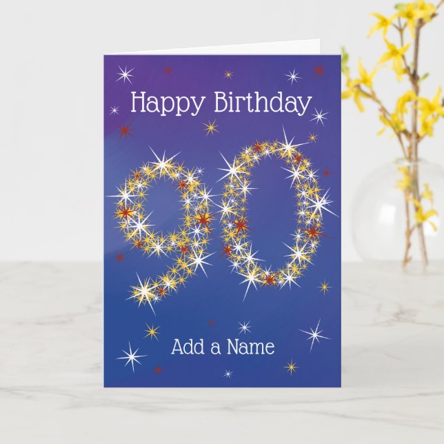 Carte 90e anniversaire - 90 en étoiles - bleu - 90 ans (Fleur jaune)