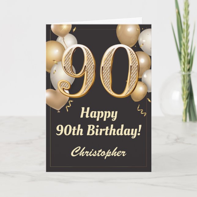 Carte 90e anniversaire Ballons Noir et Or Confetti (Devant)