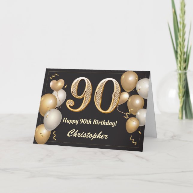 Carte 90e anniversaire Ballons noirs et or Anniversaire (Devant)