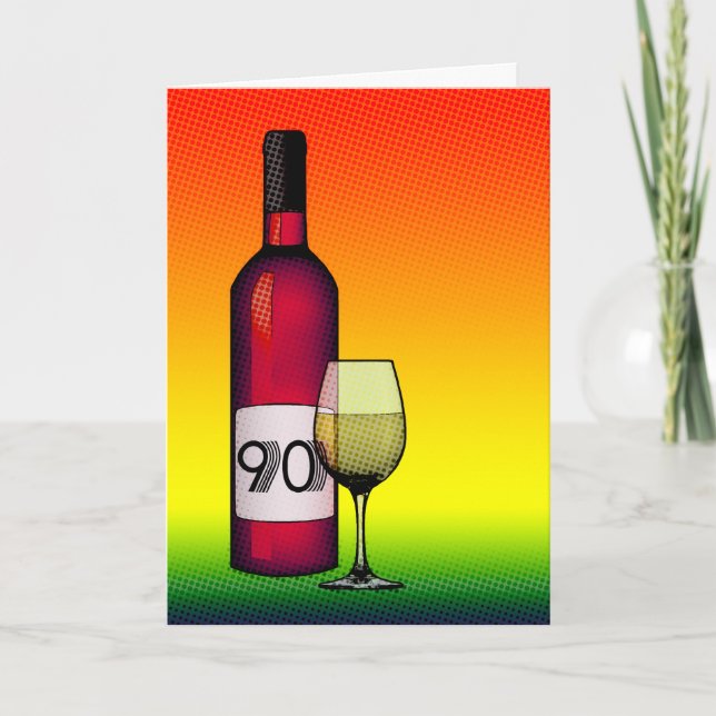 Carte 90e anniversaire : bouteille de vin & verre (Devant)