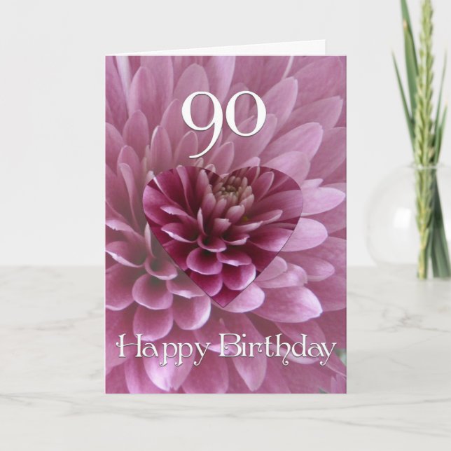 Carte 90e anniversaire - Coeur floral+Chrysanthème (Devant)