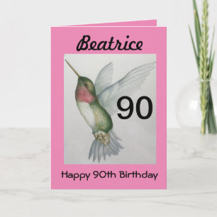 Carte 90e anniversaire Elegant rose Colibri Aquarelle