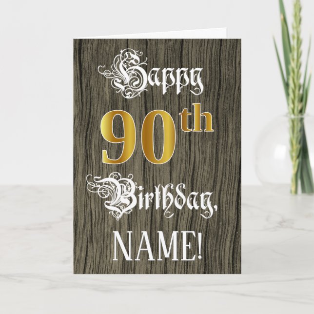 Carte 90e anniversaire : Faux Gold Look + Faux Wood Moti (Devant)