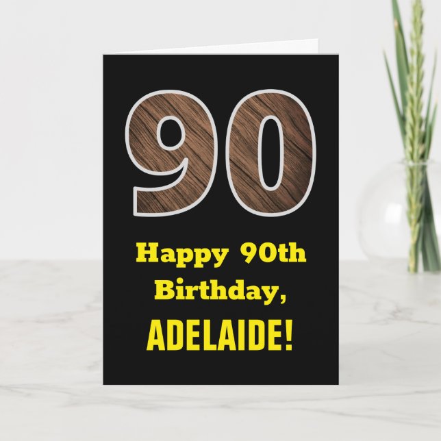 Carte 90e anniversaire : Nom, Motif faux grain de bois " (Devant)