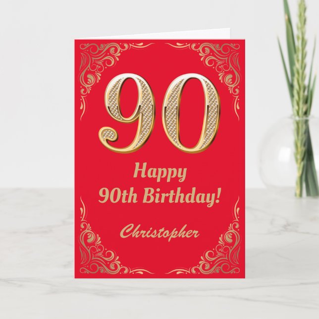 Carte 90e anniversaire Parties scintillant rouge et or (Devant)