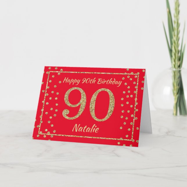 Carte 90e anniversaire Parties scintillant rouge et or c (Devant)