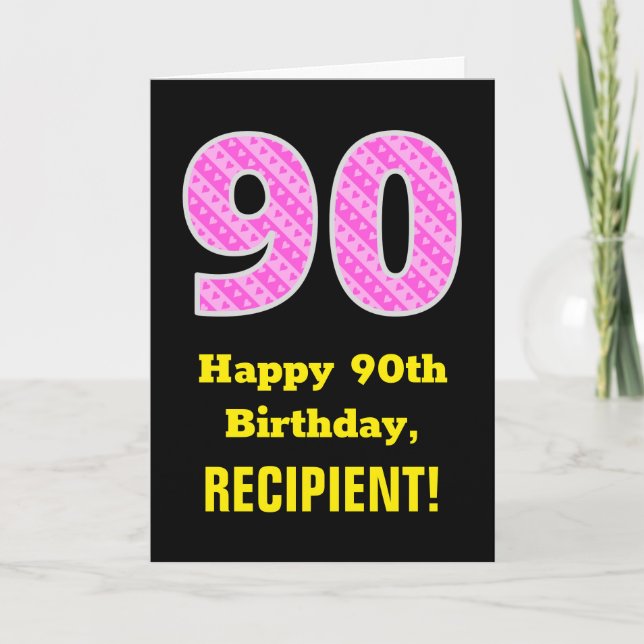 Carte 90e anniversaire : Pink Stripes and Hearts "90" +  (Devant)