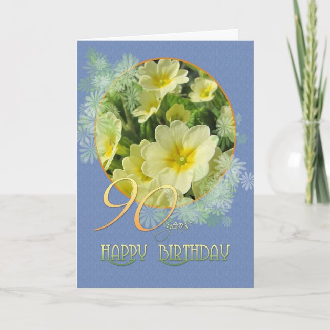 Carte 90e anniversaire Primroses et bleu (Devant)