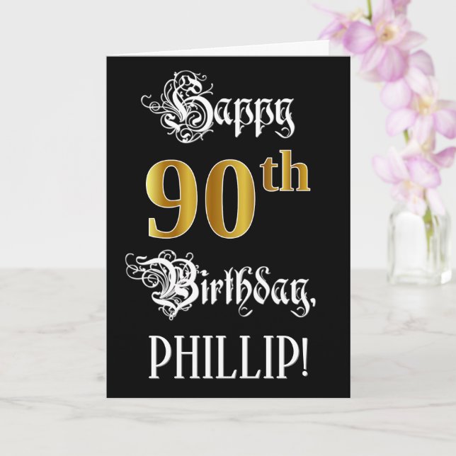 Carte 90e anniversaire — Script fantaisie; look or Faux; (Orchidée)