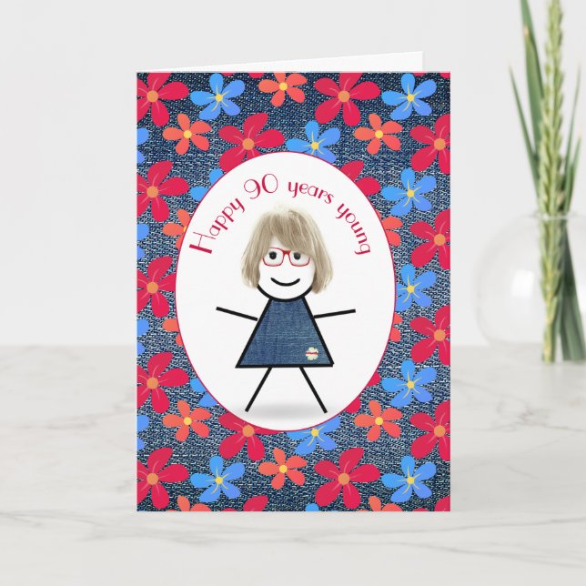 Carte 90e Anniversaire Stick Girl and Daisies On Denim (Devant)