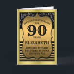 Carte 90th Birthday Black & Gold Ajouter votre nom Salut<br><div class="desc">90e anniversaire noir et or carte de voeux avec un design de bouclier. Impression de l'or et des diamants. Un design élégant et merveilleux et un sentiment pour lui. Année,  nom et message interne faciles à modifier à l'aide du modèle fourni.</div>