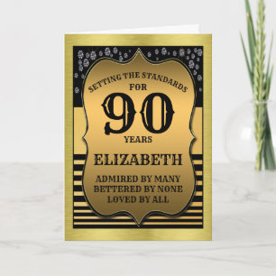 Carte 90th Birthday Black & Gold Ajouter votre nom Salut