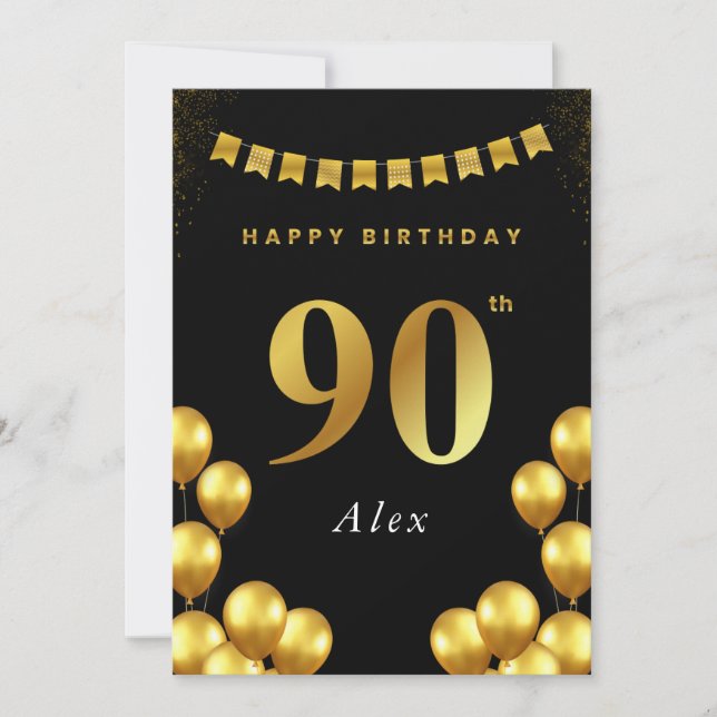 Carte 90th Birthday Card Black and Gold Balloons (Devant)