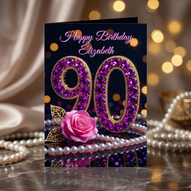 Carte 90th Birthday Purple Amethyst Jewels Pink Rose (Créateur téléchargé)