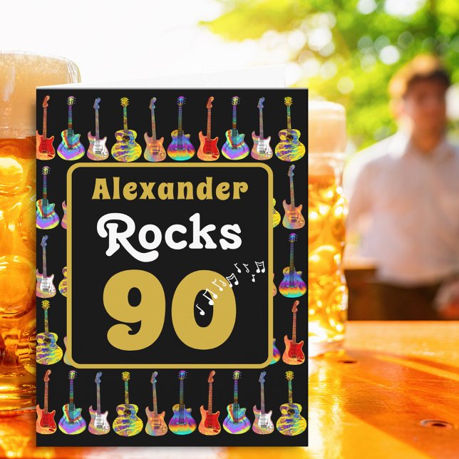 Carte 90th birthday Retro Groovy Guitar Personalized (Music lovers Guitar 90th birthday personalized name rocks 90 black & gold rock and roll folded card)