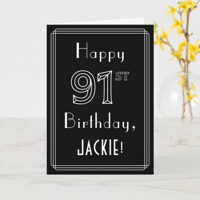 Carte 91e anniversaire : Art Déco Style # 91 & Nom perso (Fleur jaune)