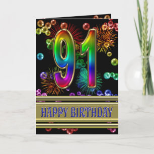 Carte 91e anniversaire avec bulles arc-en-ciel et feux d