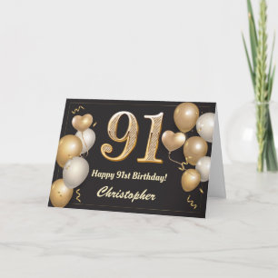 Carte 91e anniversaire Ballons noirs et or Anniversaire