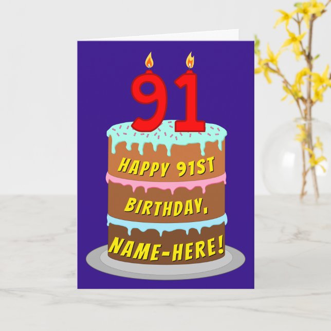 Carte 91e anniversaire : Fun Cake and Candles + Nom pers (Fleur jaune)