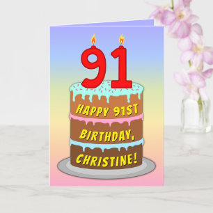 Carte 91e anniversaire — Fun Cake & Candles, avec nom pe