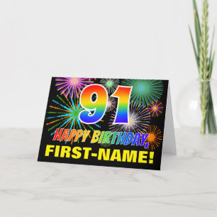 Carte 91e anniversaire : Gras, Amusants, Feu d'artifice,