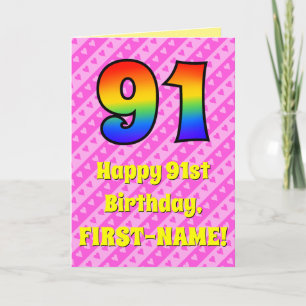 Carte 91e anniversaire : Pink Stripes & Hearts, Arc-en-c