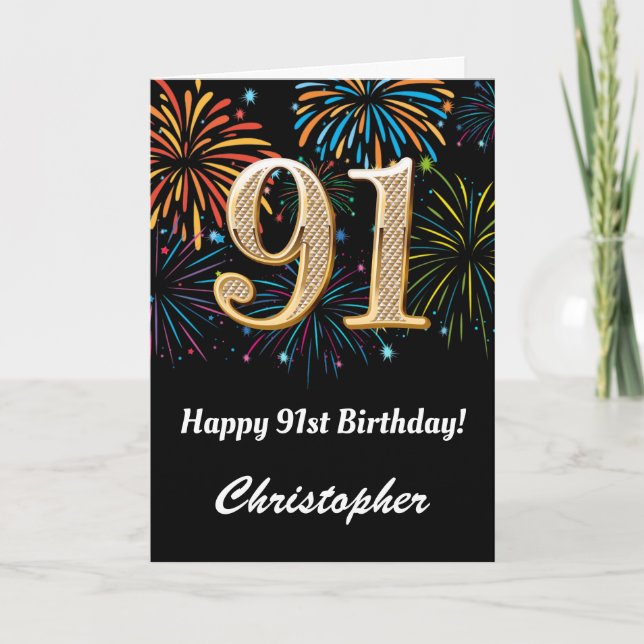 Carte 91e anniversaire Rainbow Fireworks noir et or (Devant)