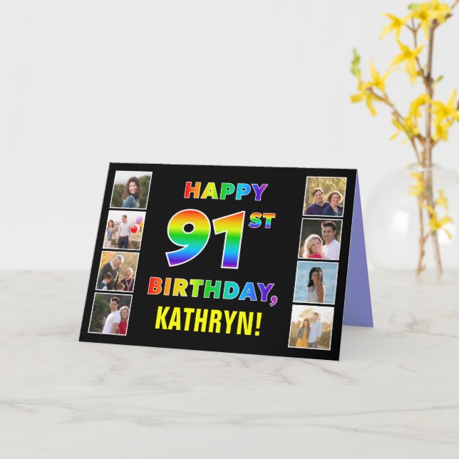Carte 91e anniversaire : Rainbow Text, Custom Photos & N (Fleur jaune)