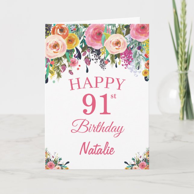 Carte 91st Birthday Watercolor Floral Flowers Pink Card (Devant)