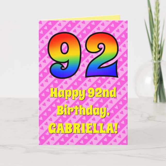 Carte 92e anniversaire : Pink Stripes & Hearts, Arc-en-c (Devant)
