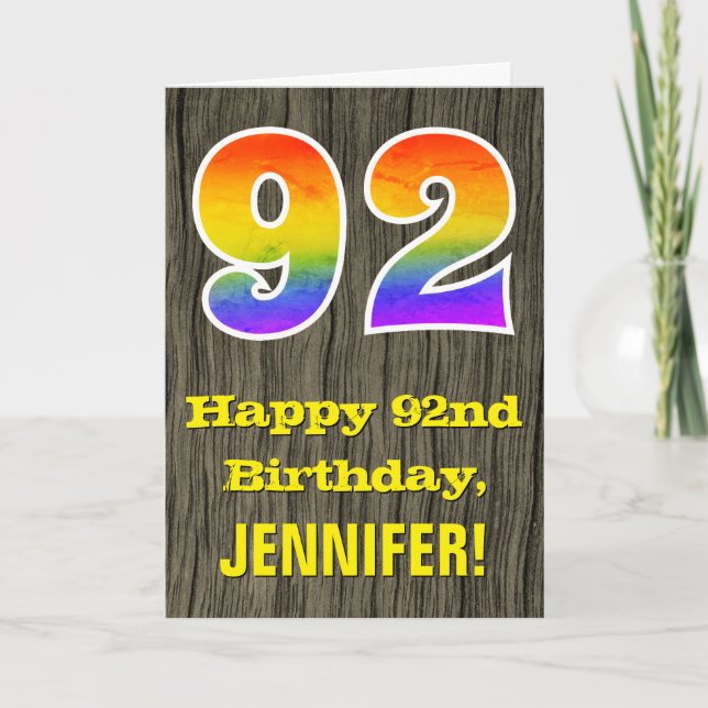 Carte 92e anniversaire : Rustic Faux Wood Look, Arc-en-c (Devant)