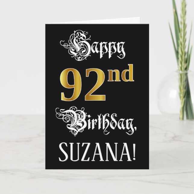 Carte 92e anniversaire — Script fantaisie; look or Faux; (Devant)