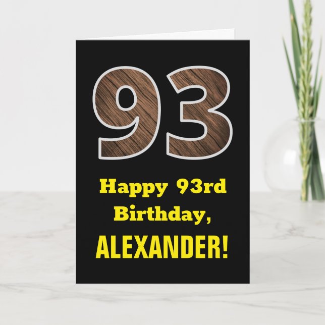 Carte 93e anniversaire : Nom, Motif Faux Wood Grain "93" (Devant)