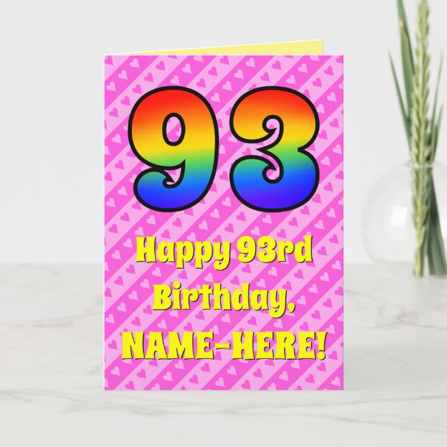 Carte 93e anniversaire : Pink Stripes & Hearts, Arc-en-c (Devant)