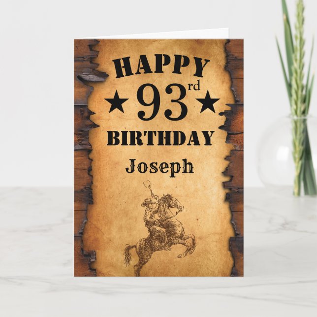 Carte 93e anniversaire rustique Pays occidental Cowboy H (Devant)