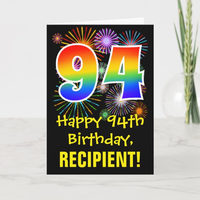Carte 94e anniversaire : Fun Fireworks Motif + Rainbow 9 (Devant)