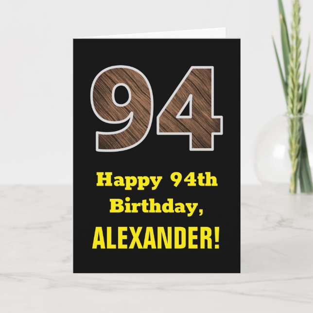 Carte 94e anniversaire : Nom, Motif Faux Wood Grain "94" (Devant)