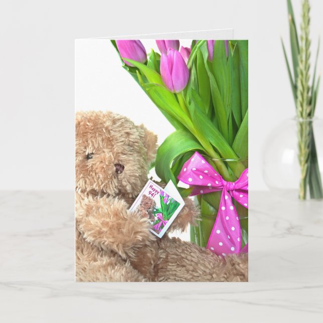 Carte 94e anniversaire ours en peluche avec bouquet de t (Devant)