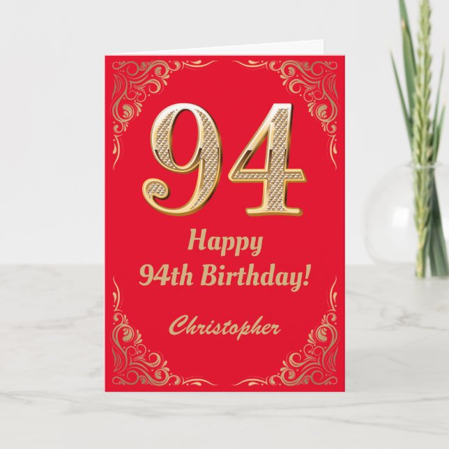 Carte 94e anniversaire Parties scintillant rouge et or (Devant)