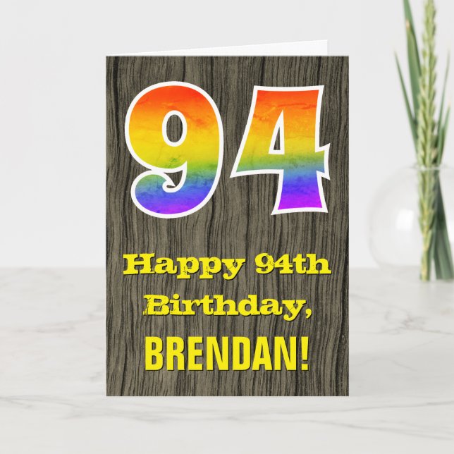 Carte 94e anniversaire : Rustic Faux Wood Look, Rainbow  (Devant)
