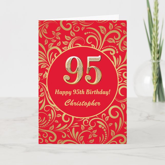 Carte 95e anniversaire Motif Floral rouge et or (Devant)