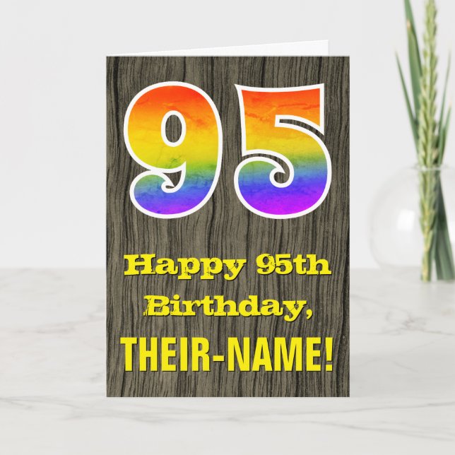 Carte 95e anniversaire : Rustic Faux Wood Look, Arc en c (Devant)