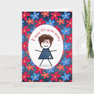 Carte 95ème Anniversaire Stick Girl and Daisies On Denim