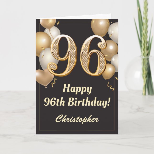 Carte 96e anniversaire Ballons Noir et Or Confetti (Devant)