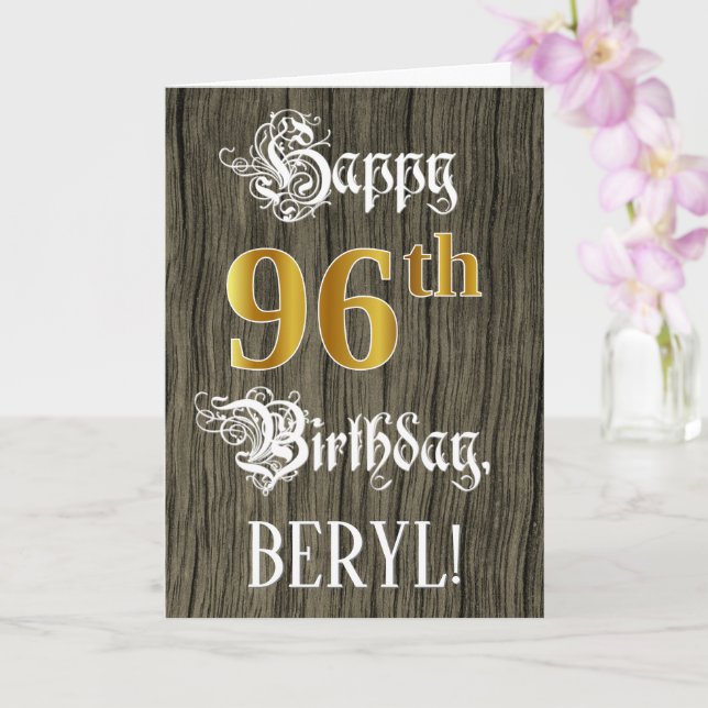 Carte 96e anniversaire : Faux Gold Look + Faux Wood Moti (Orchidée)